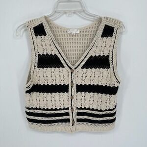 Line and Dot Women's Cream Black Crochet Knit Button Front Sweater Vest Size M/L